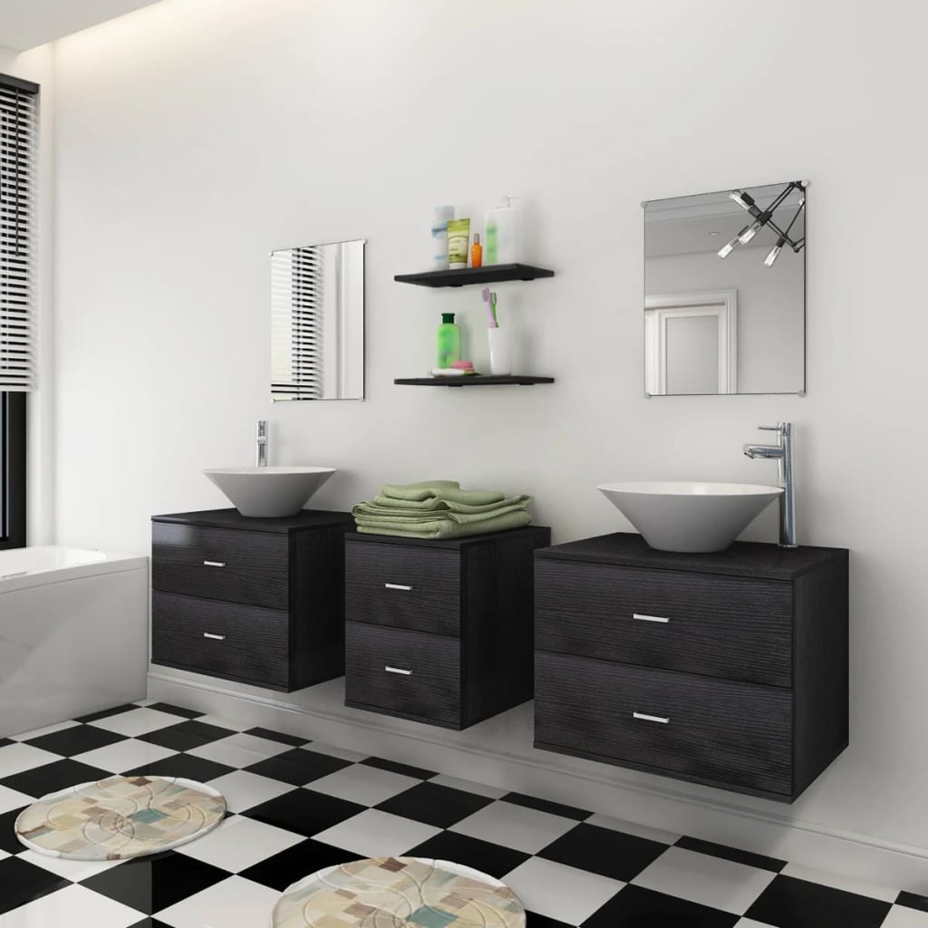 vidaXL 9-dijelni set kupaonskog namještaja, umivaonika i slavine crni