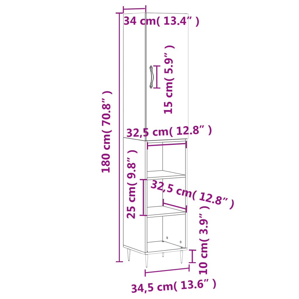 vidaXL Visoka komoda hrasta sonome 34,5x34x180cm od konstruiranog drva