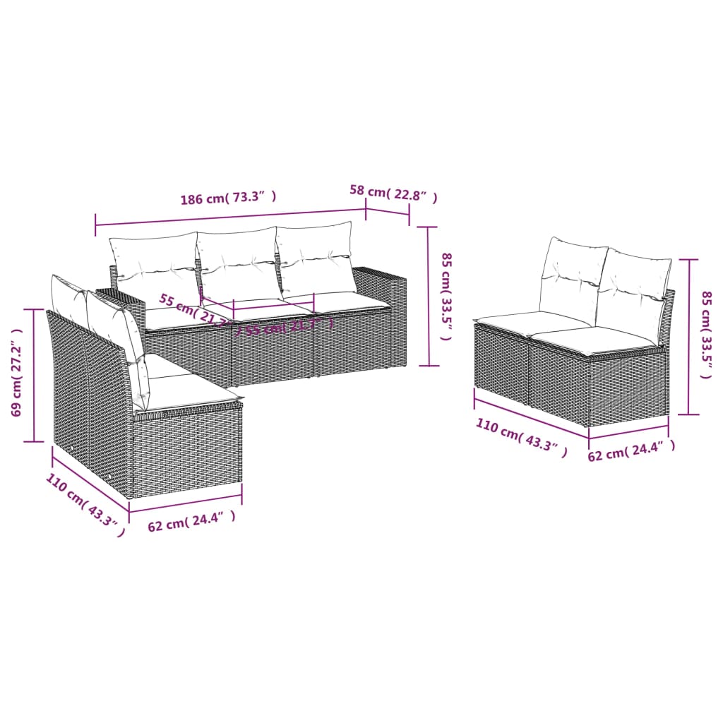 vidaXL 7-dijelni set vrtnih sofa od poliratana s jastucima smeđi