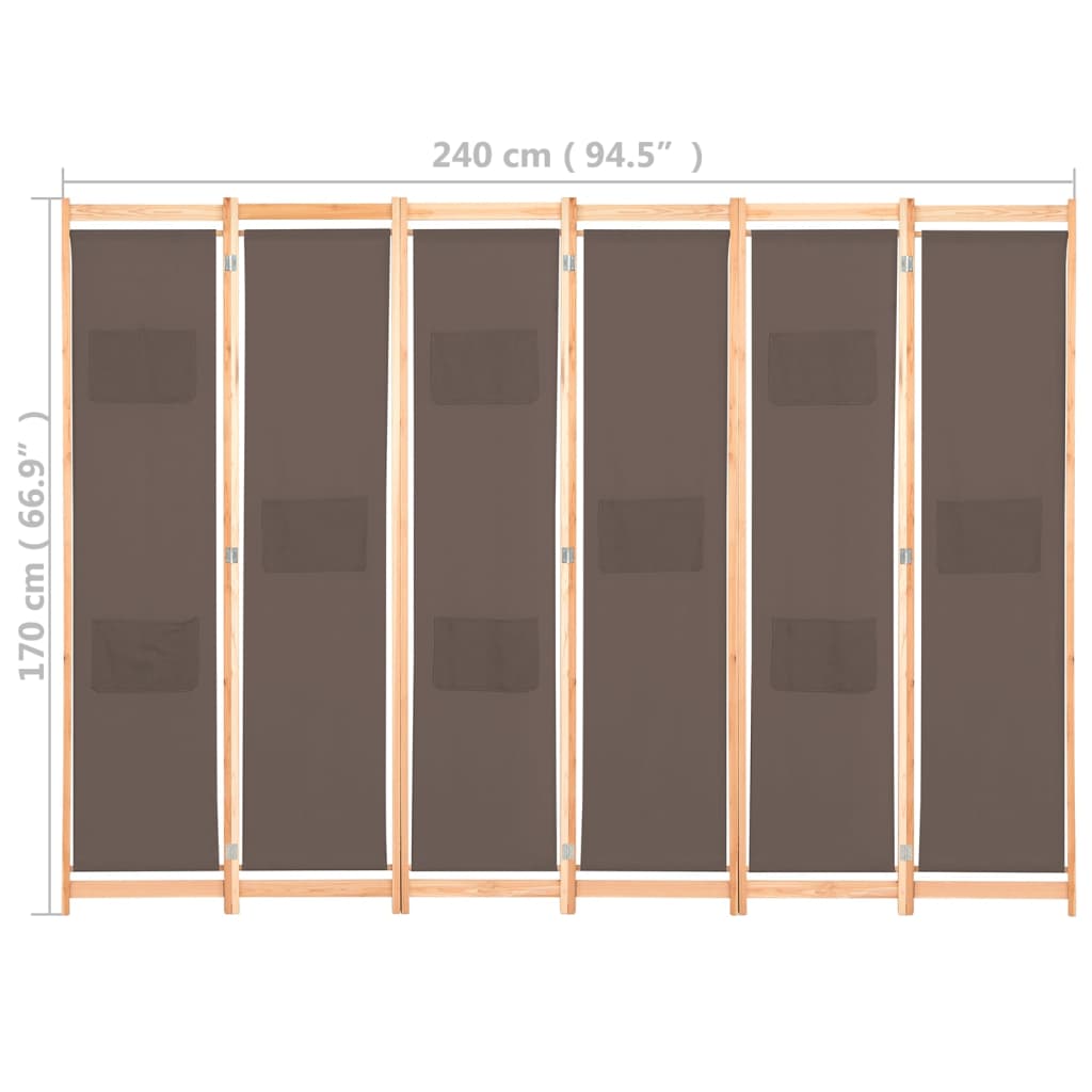 vidaXL Sobna pregrada sa 6 panela od tkanine 240 x 170 x 4 cm smeđa