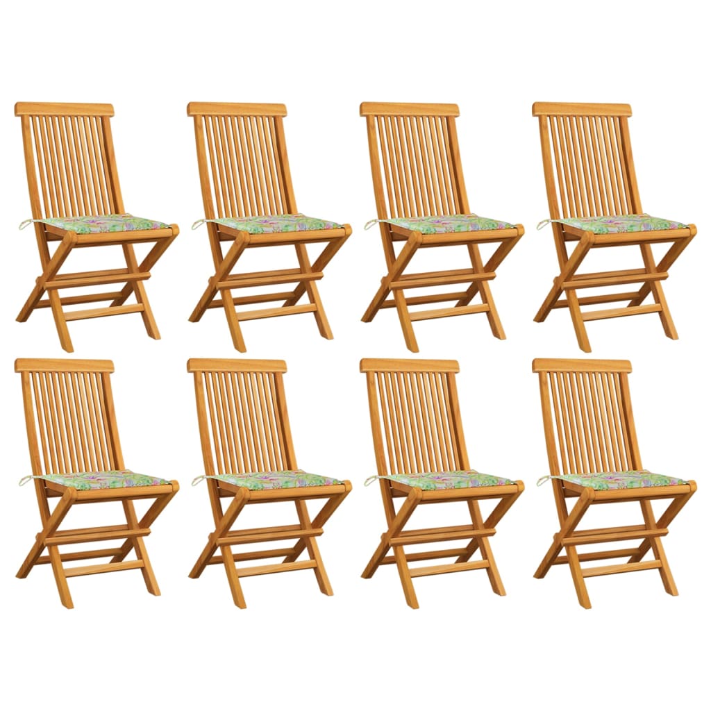 vidaXL Vrtne stolice s jastucima s uzorkom lišća 8 kom od tikovine