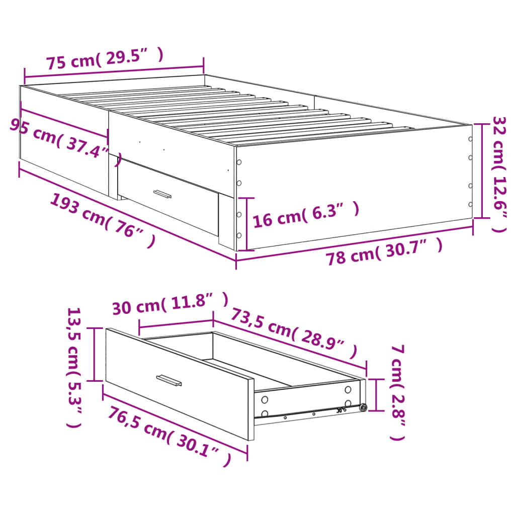 vidaXL Okvir za krevet s ladicama bijeli 100x200 cm konstruirano drvo